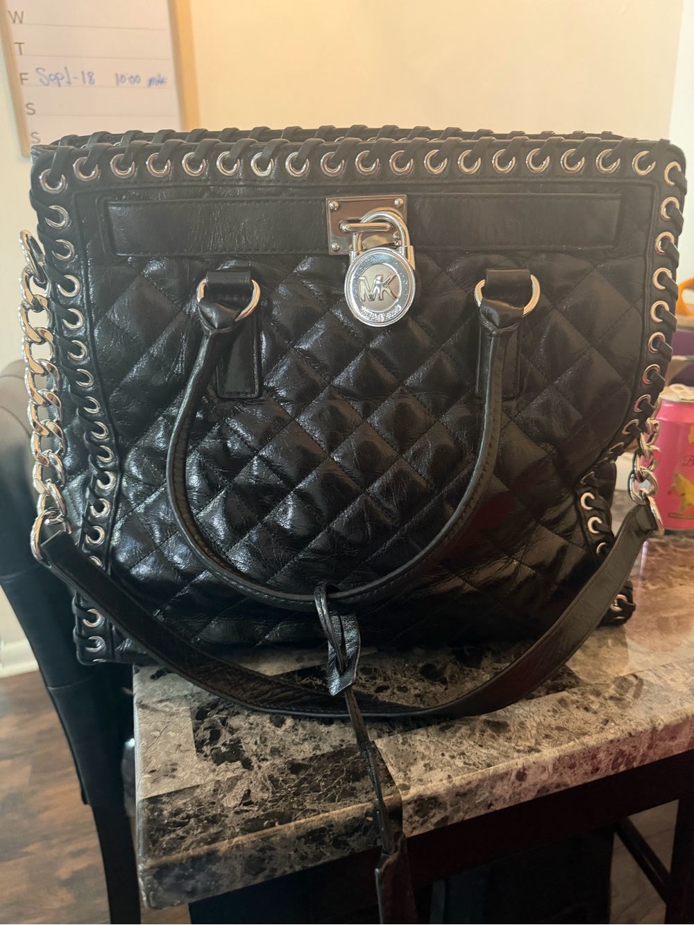 Michael Kors Black Quilted Leather Tote with Chain Trim and Padlock